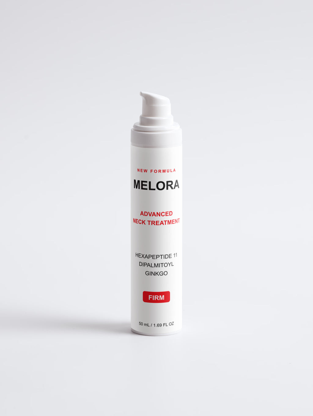 MELORA Advanced Neck Treatment red clinical bottle artwork