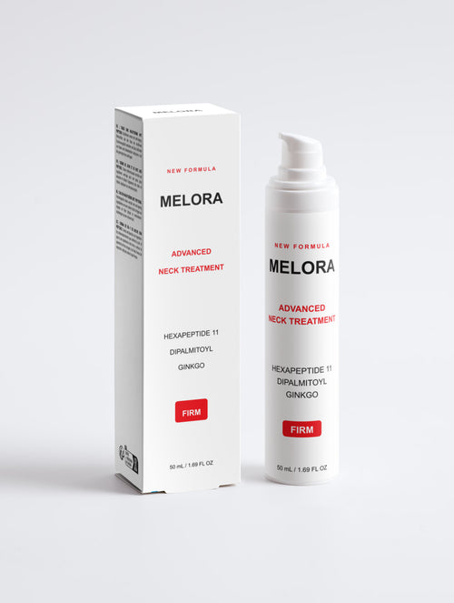 MELORA Advanced Neck Treatment actual Selfnamed bottle and carton in red clinical artwork
